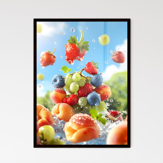 Vibrant Fruit Splash Still Life Painting with Strawberries, Grapes, Peaches, Blue Sky, and Falling Water Drops Default Title