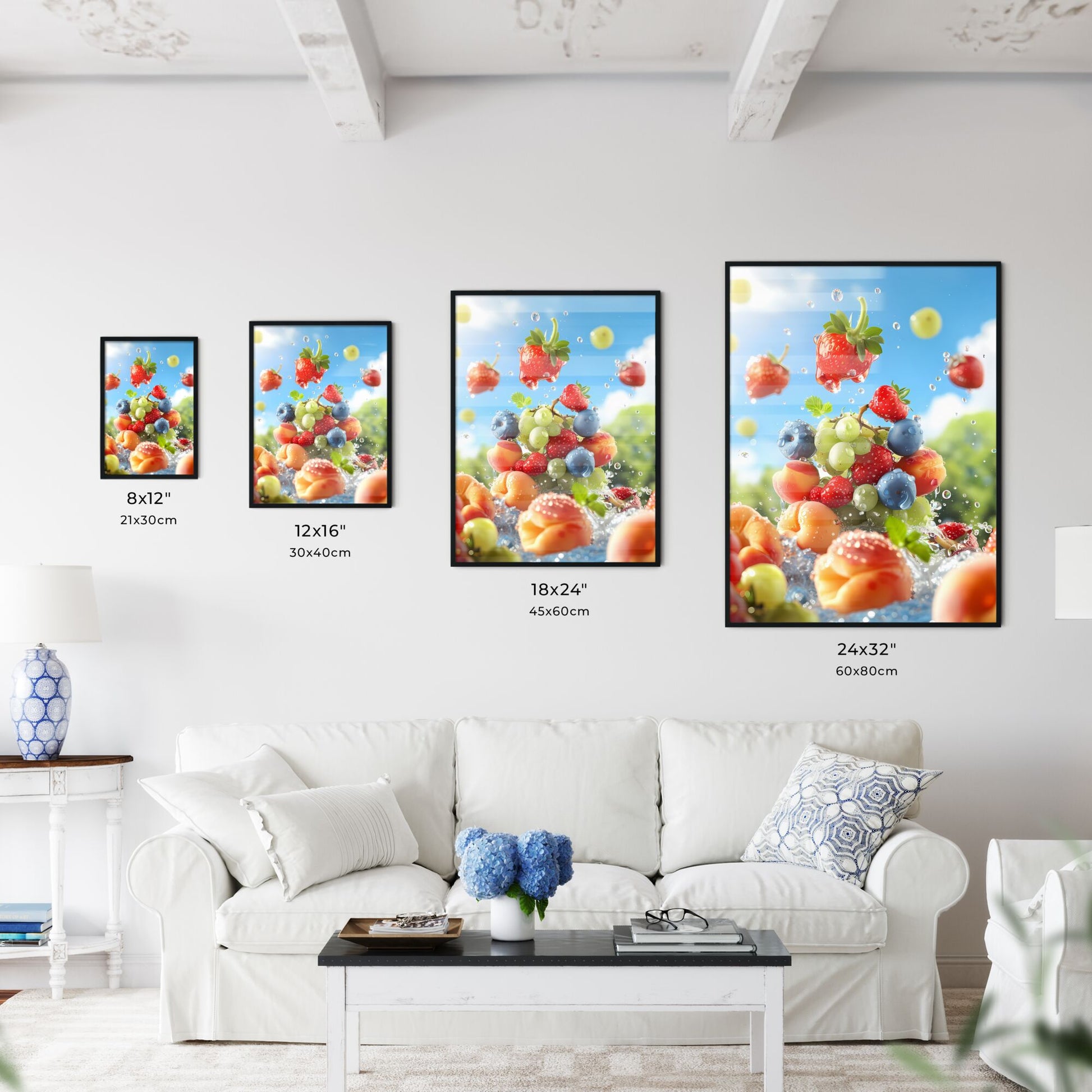 Vibrant Fruit Splash Still Life Painting with Strawberries, Grapes, Peaches, Blue Sky, and Falling Water Drops Default Title