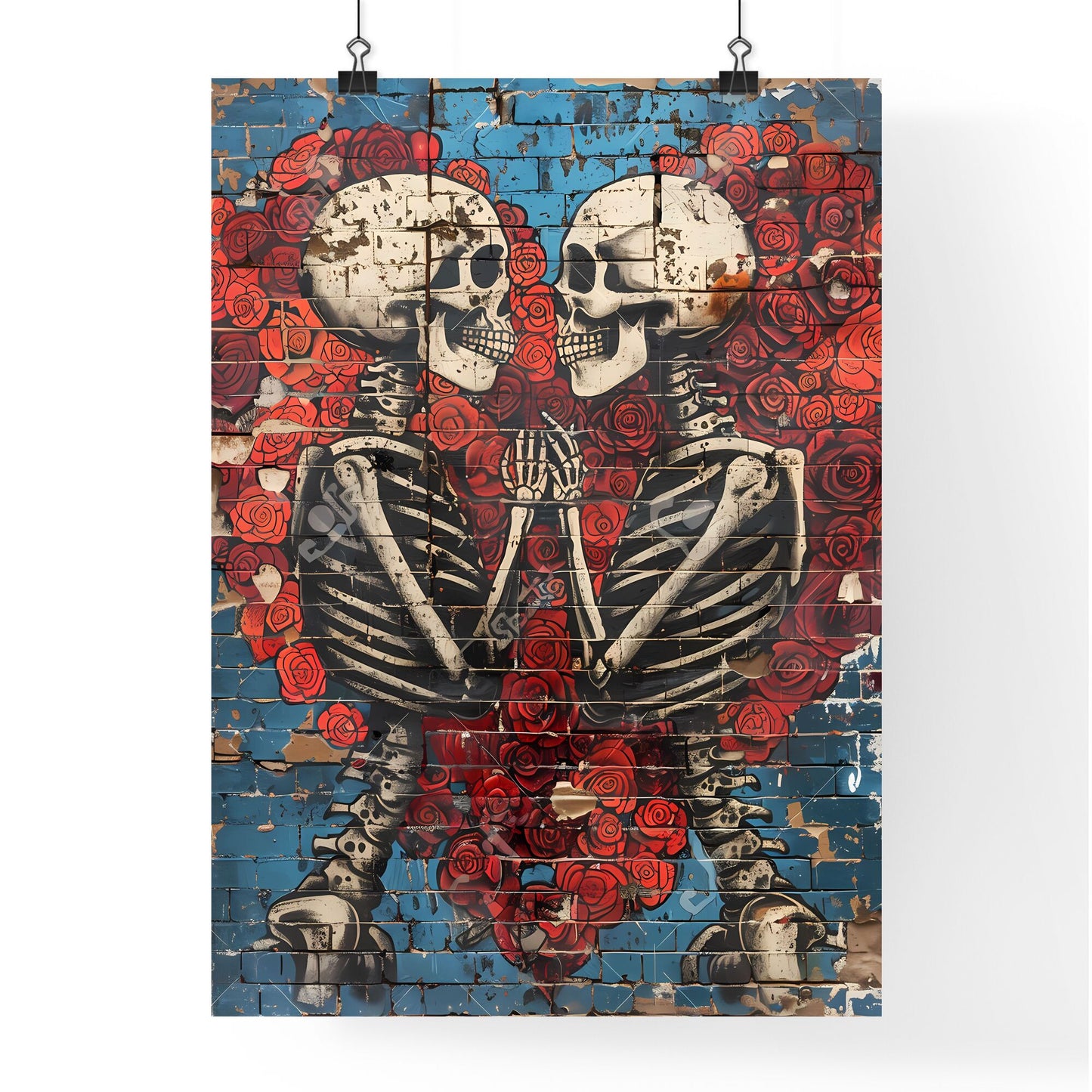 Vibrant Pop Art Mural: Skeletons and Roses in Intricate Botanical Embrace Default Title