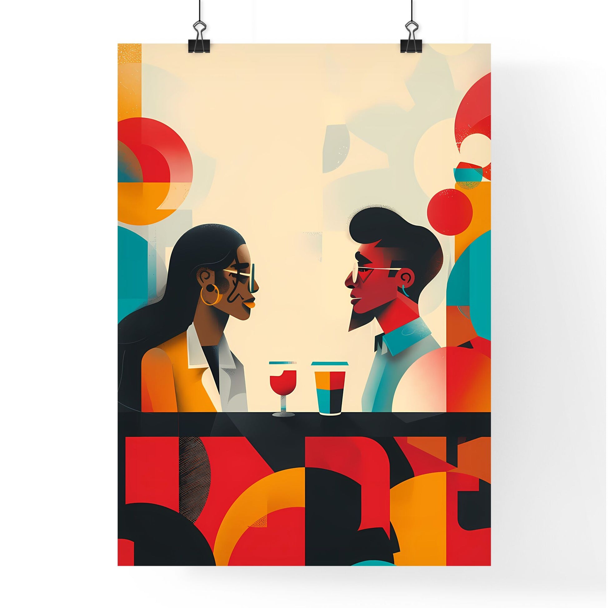 Artistic Onboarding Process Representation: Bold Colors, Flat Painting Focus, Man and Woman at Table with Drinks Default Title