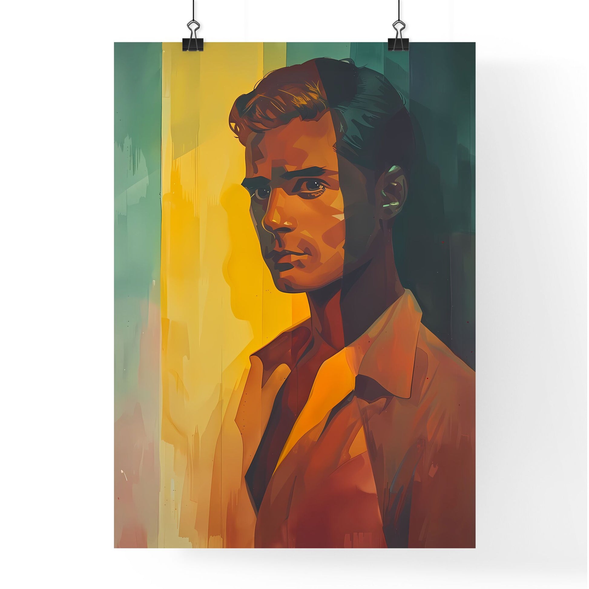 Painting of Daniel Brown in the Shadows: Film Noir-Inspired, Art-Focused, Bronze and Yellow, AP Photo, Vignetting, Mist, Enigmatic Character, Brown Shirt Default Title