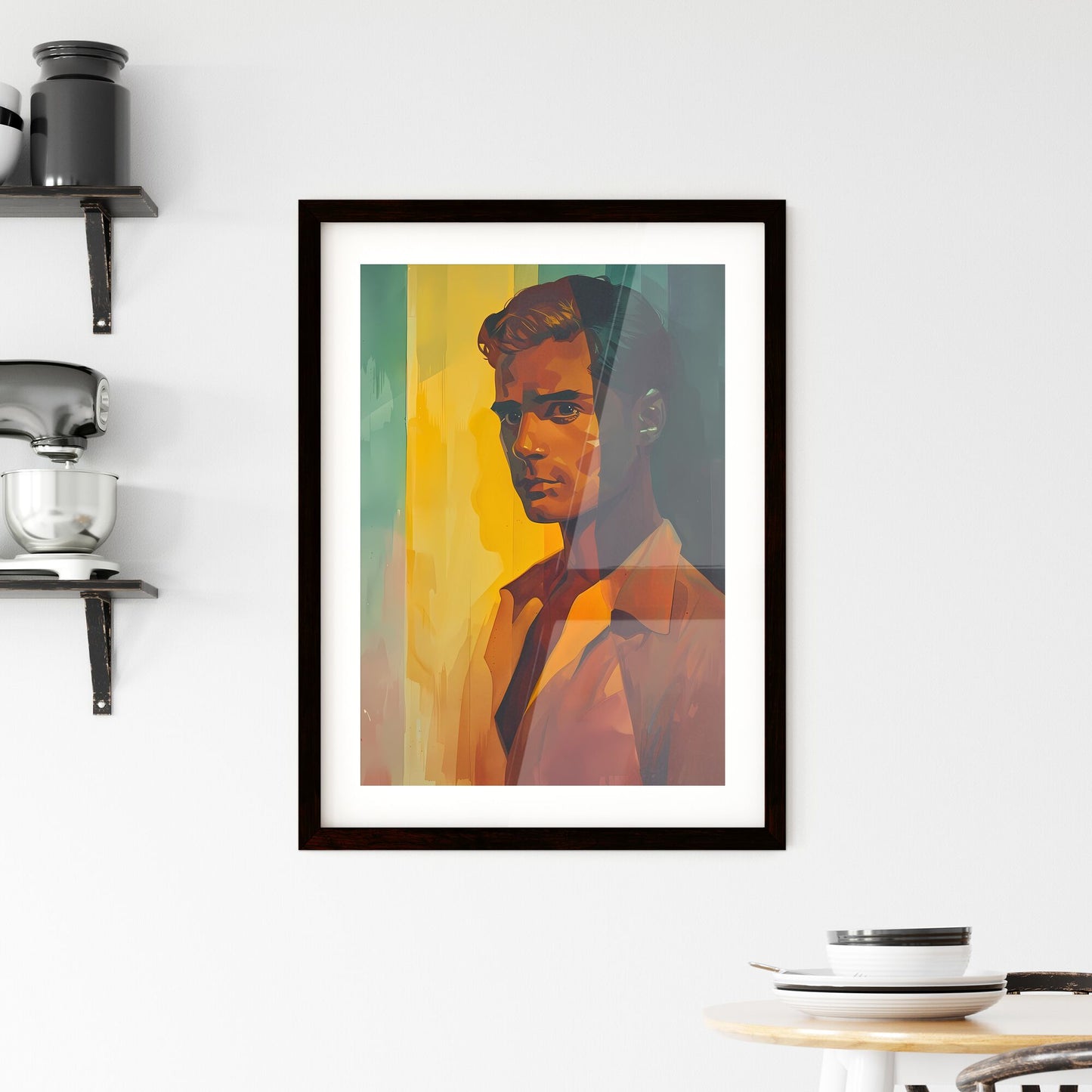 Painting of Daniel Brown in the Shadows: Film Noir-Inspired, Art-Focused, Bronze and Yellow, AP Photo, Vignetting, Mist, Enigmatic Character, Brown Shirt Default Title