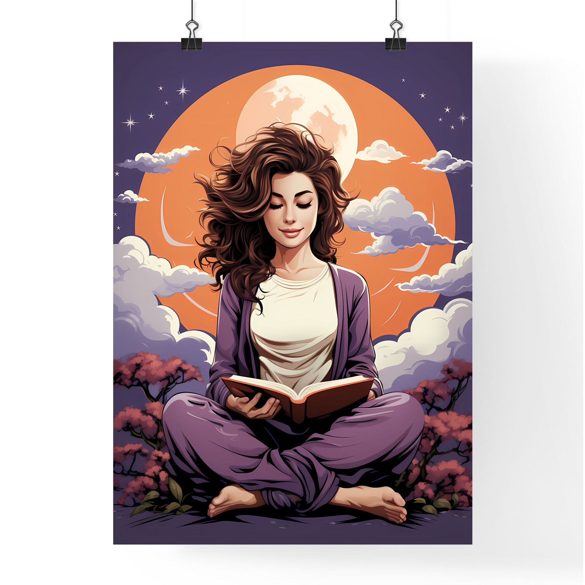 Retro-inspired illustration of a happy woman reading a book in vibrant minimalist style with flat iconic cartoon features Default Title