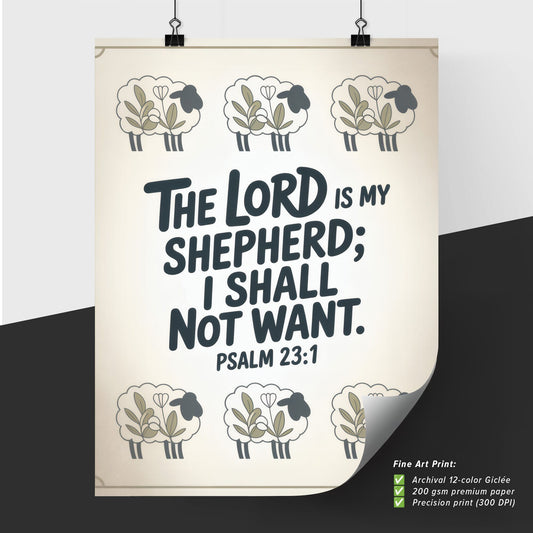 Heartwarming Bible Verse Art Featuring Sheep and Psalm 23:1 Inspiration for Home Decor or Spiritual Reflection.