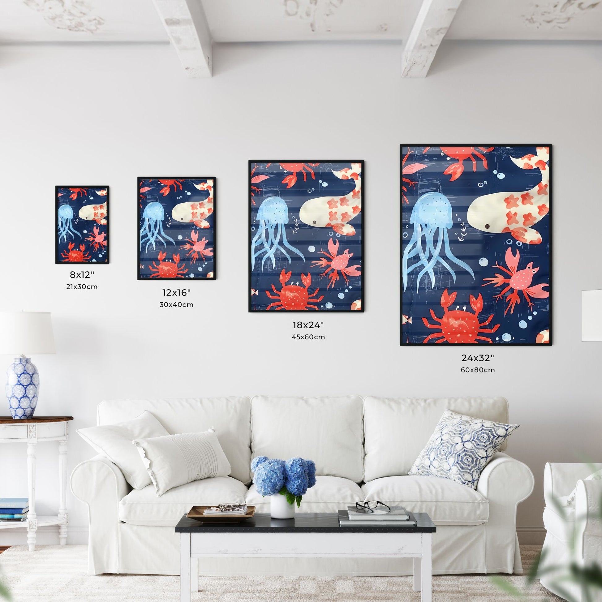 Vibrant Turquoise Marine Life Fabric Print: Playful Red and White Fish and Crabs on Blue Canvas with White Jellyfish Patterns Default Title