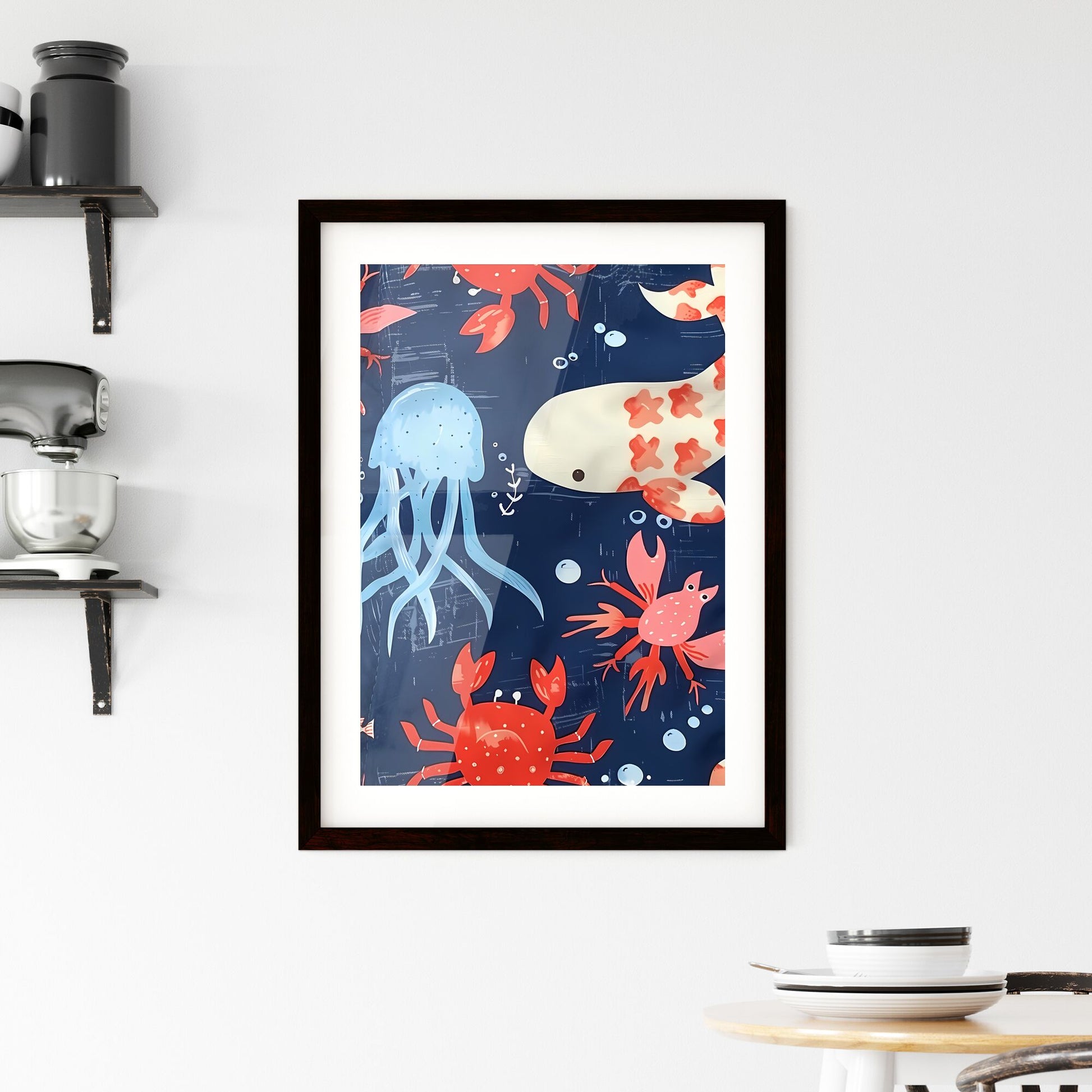Vibrant Turquoise Marine Life Fabric Print: Playful Red and White Fish and Crabs on Blue Canvas with White Jellyfish Patterns Default Title