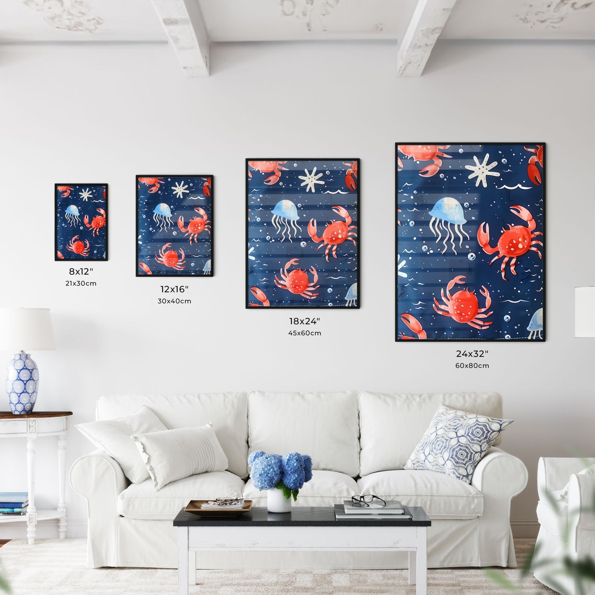Vibrant Blue Fabric with Whimsical Sea Animals: Fish, Jellyfish, and Crabs Default Title