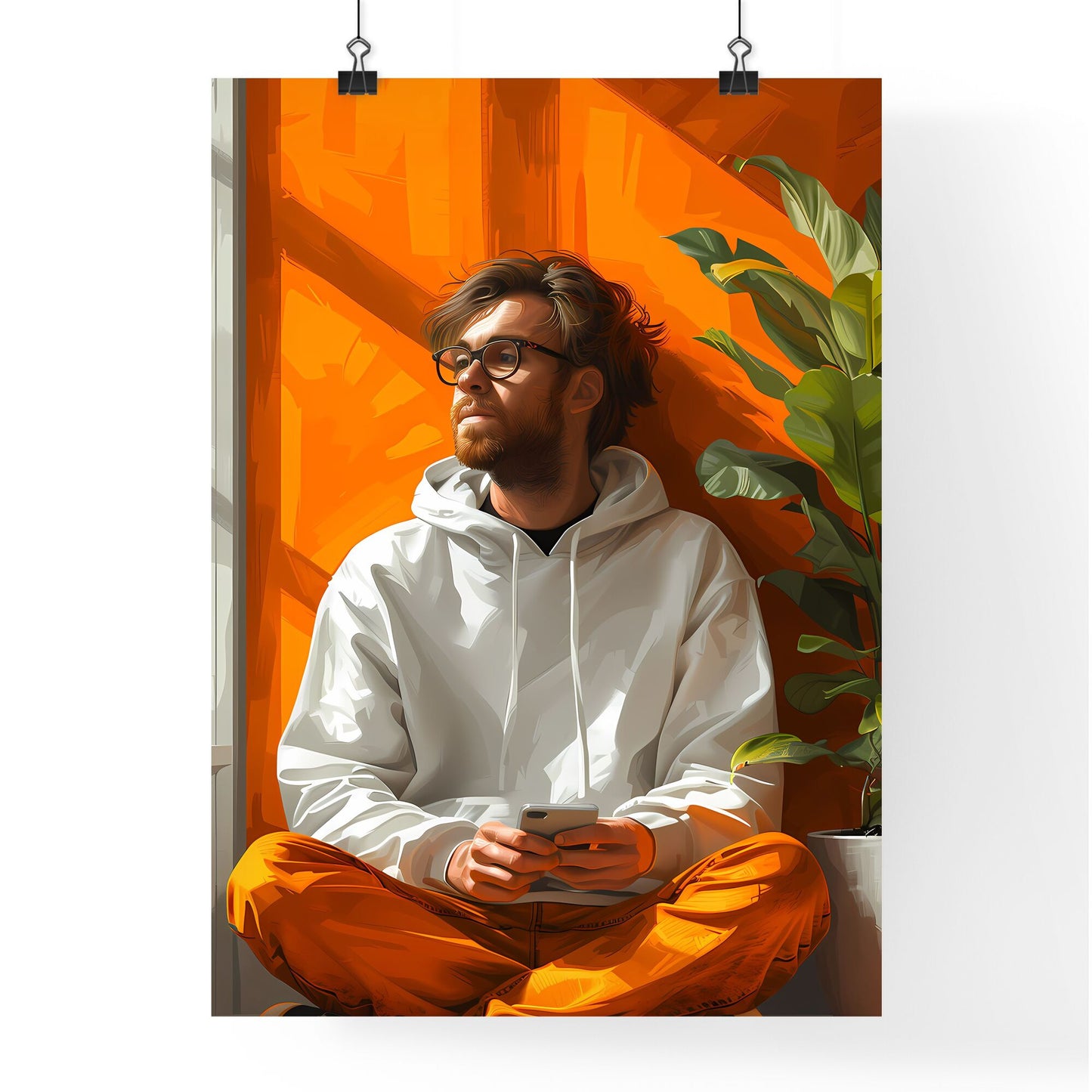 Modern Art Painting: Minimalist College Student with Phone, Tech-Inspired Orange Color Scheme Default Title