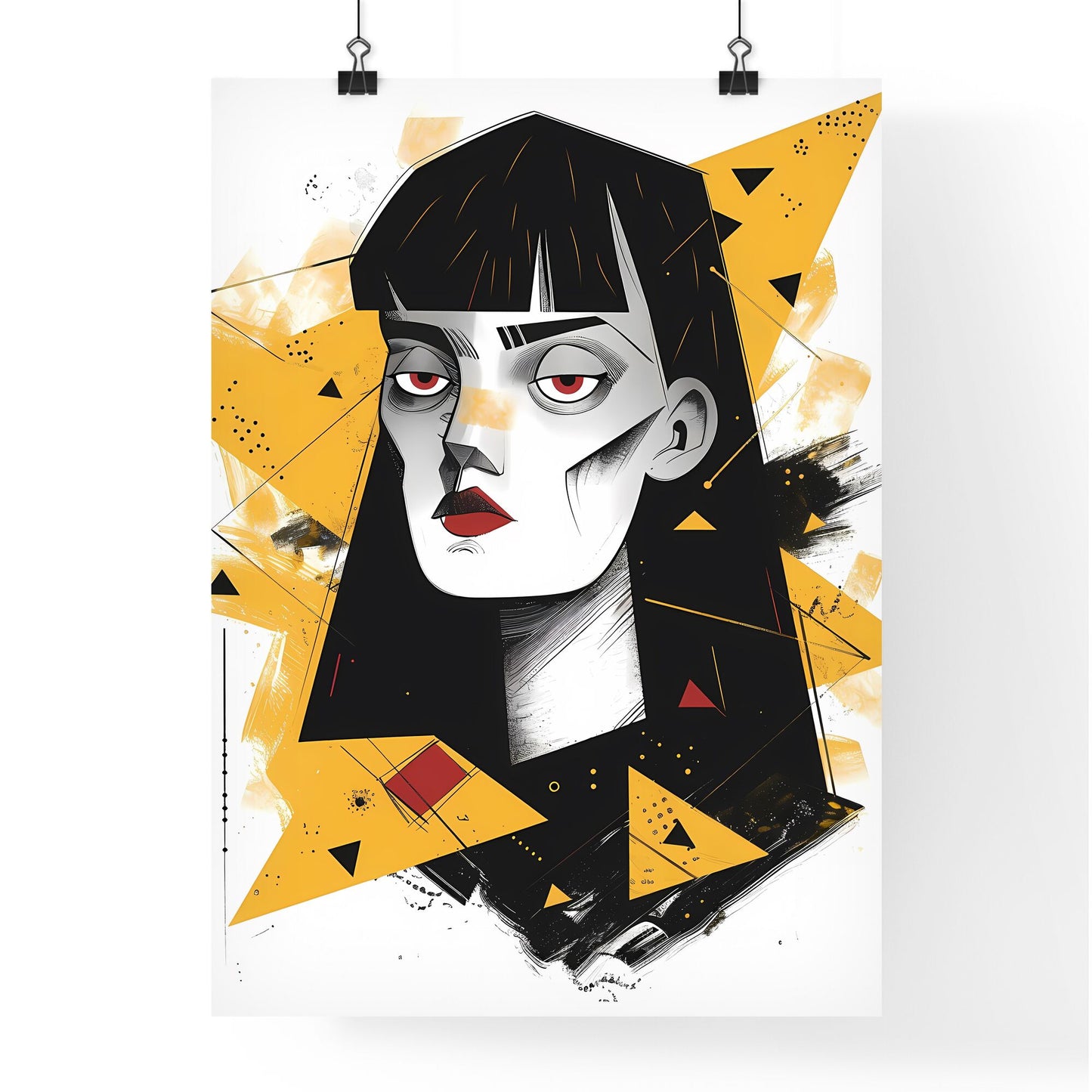 Boldly Grotesque Cartoon of Red-Eyed, Black-Haired Girl with Vibrant Yellow Triangles Default Title