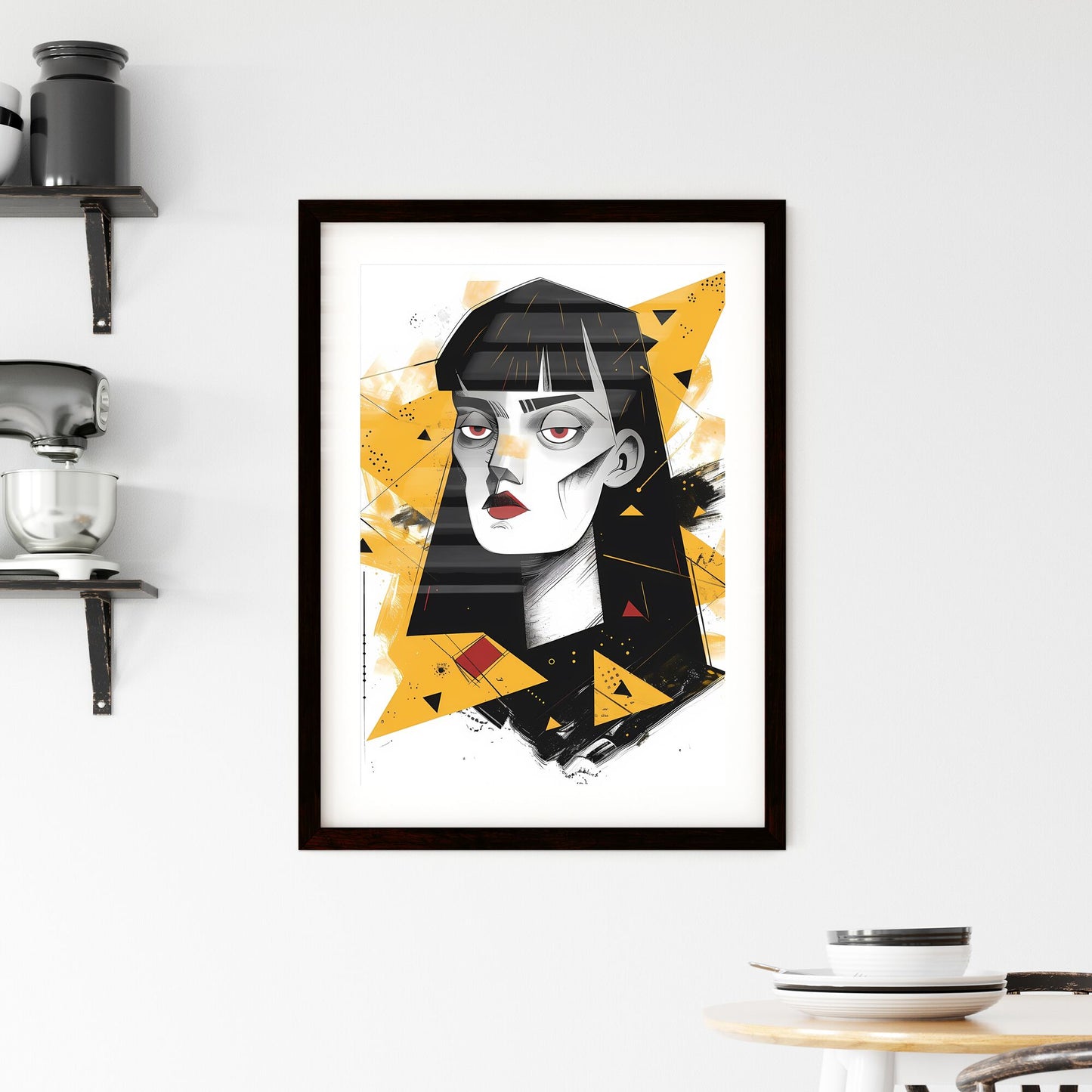 Boldly Grotesque Cartoon of Red-Eyed, Black-Haired Girl with Vibrant Yellow Triangles Default Title