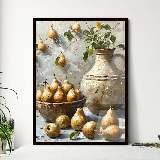 Impressionistic Pears on Counter in Rustic Bowl, Muted Colors, Dynamic Composition, Oil Painting Art Default Title