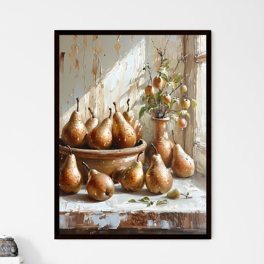 Impressionist Art Oil Painting of Pears on Kitchen Countertop in Rustic Clay Bowl with Neutral Colors and White Background Default Title