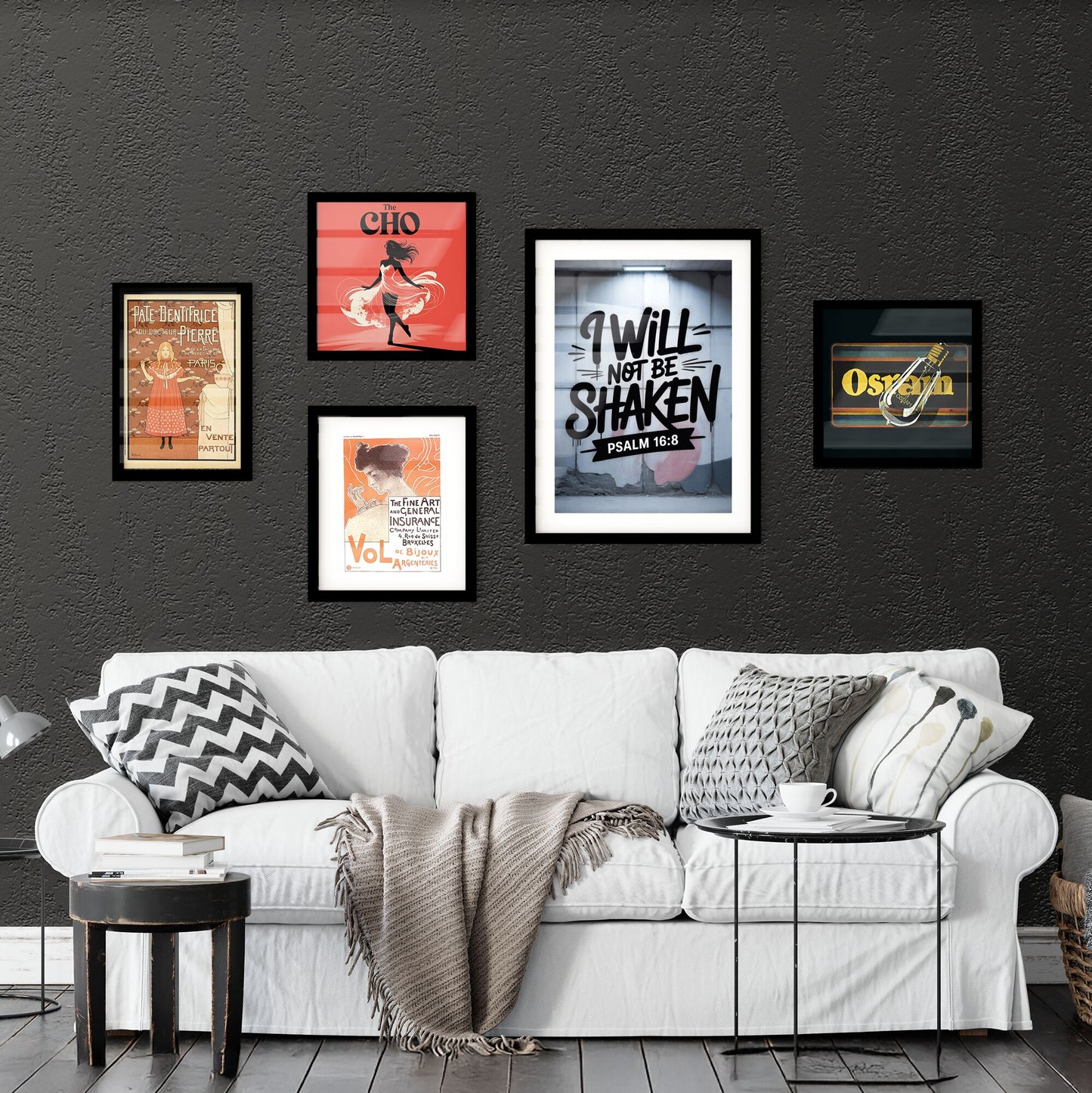 Inspirational Wall Art Featuring 'I Will Not Be Shaken' with Psalm 16:8 in Urban Setting. Collection