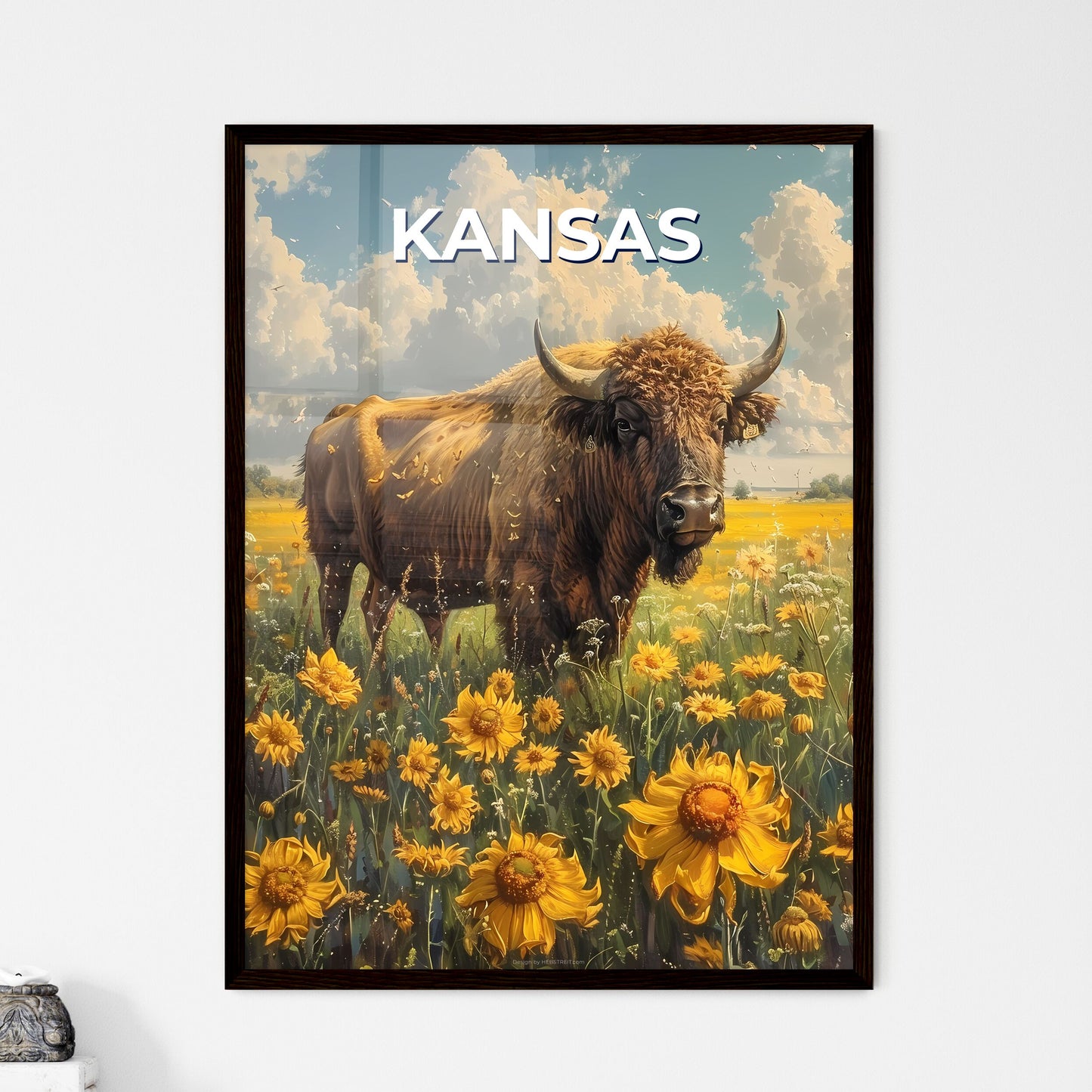 Yellow Field Canvas Print Art: Vibrant Cow Artwork Featuring Kansas Landscape