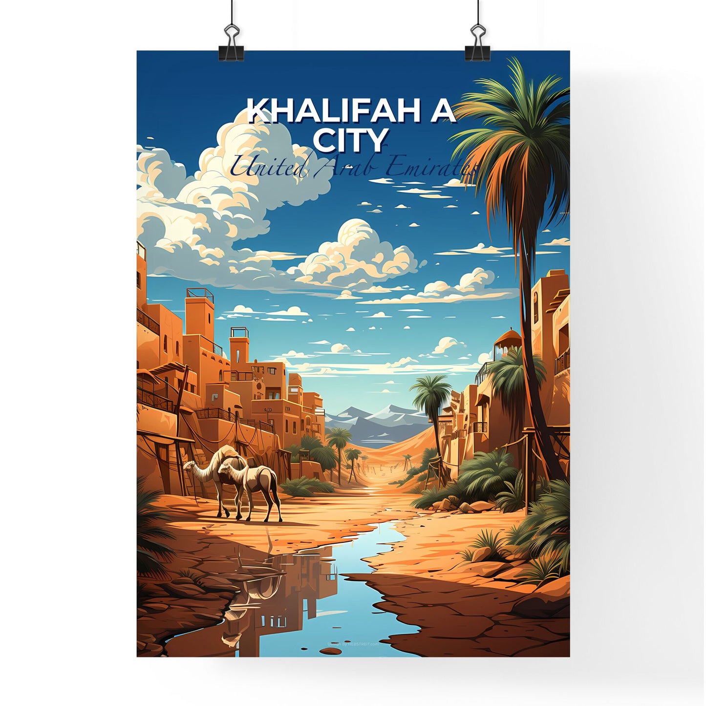 City United Arab Emirates Skyline, Khalifah camels desert town art painting Default Title