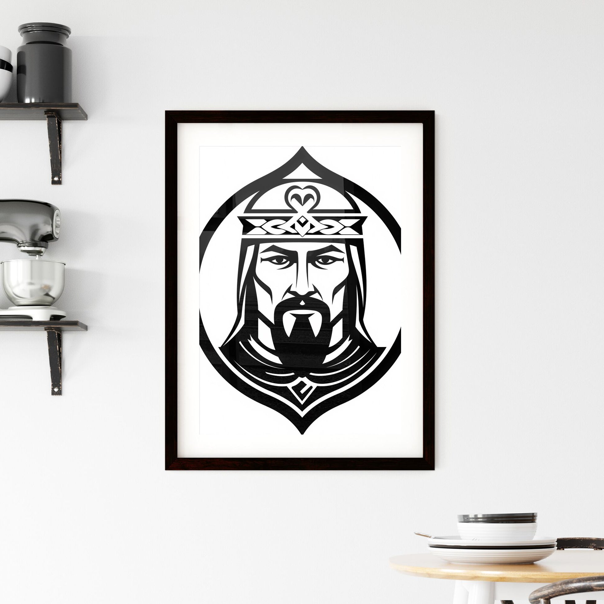 Vibrant Black and White Line Art King Mascot Logo with Beard and Crown Default Title
