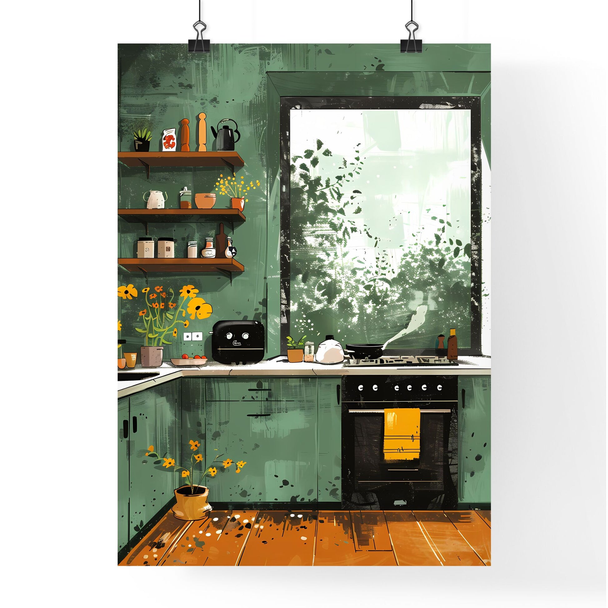 Modern Art Abstract Painting Illustration with Vibrant Multi-color Lines and Green Background Featuring Kitchen Scene 18k Default Title