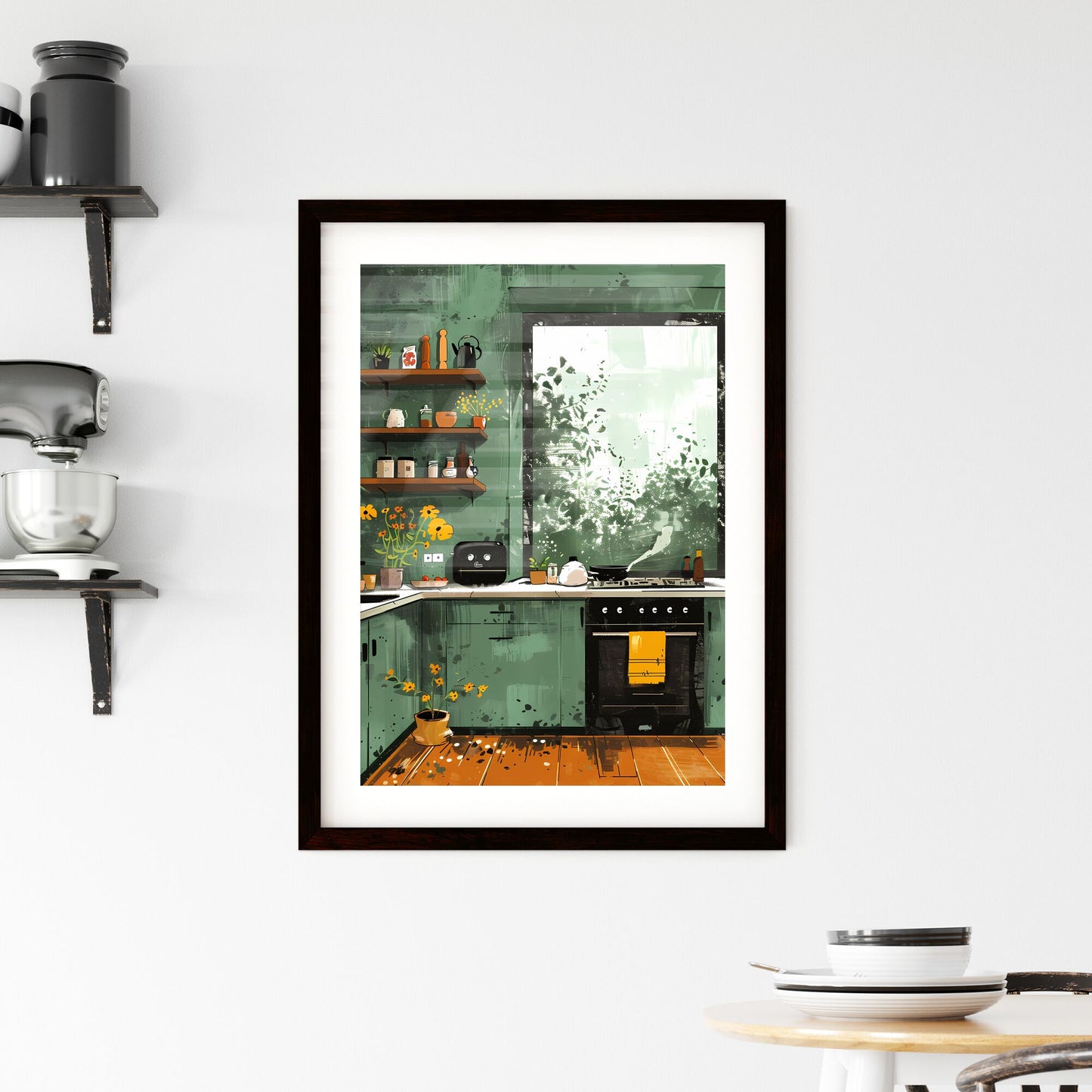 Modern Art Abstract Painting Illustration with Vibrant Multi-color Lines and Green Background Featuring Kitchen Scene 18k Default Title