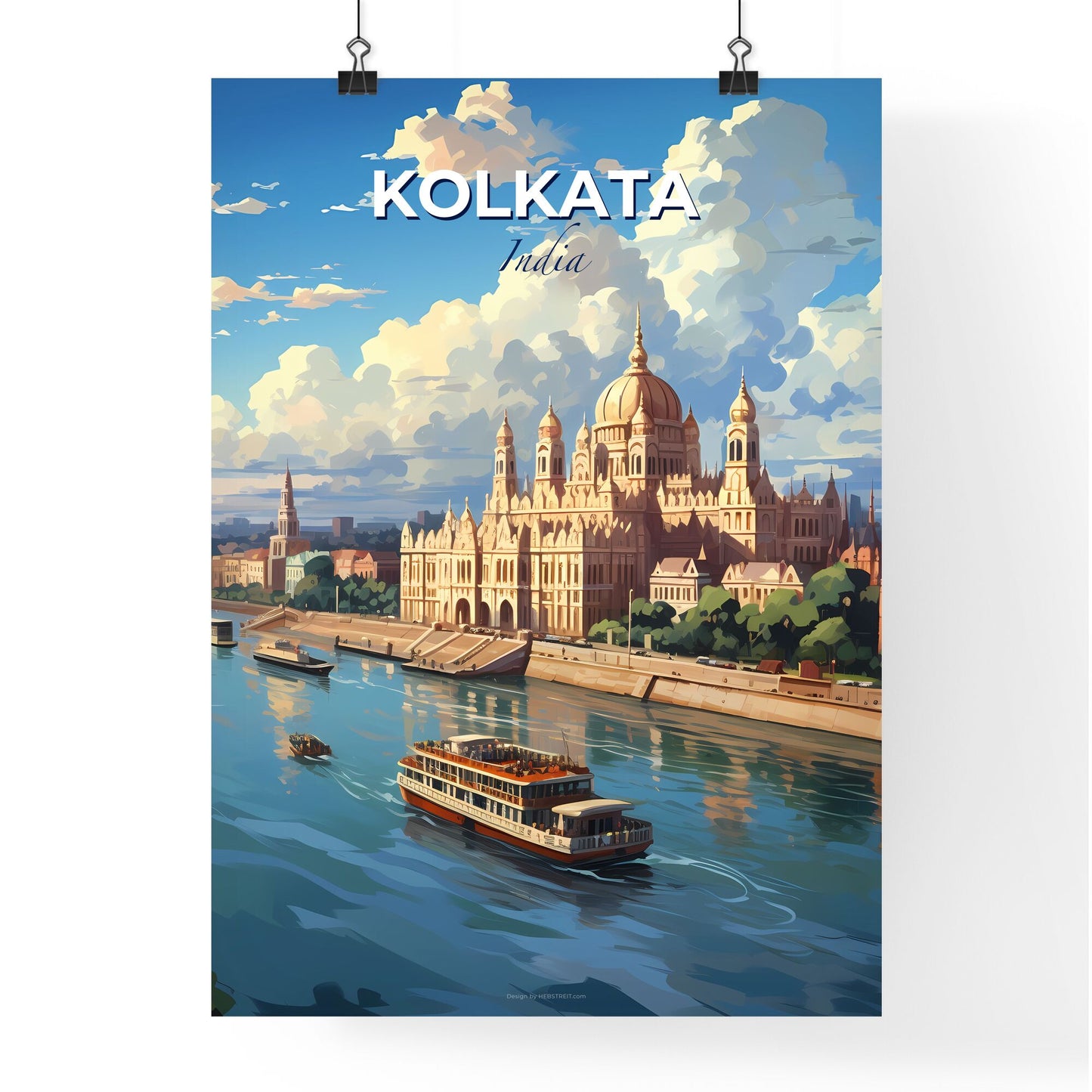 Kolkata India Skyline with Boats and Castle - Vibrant Artistic Painting Default Title