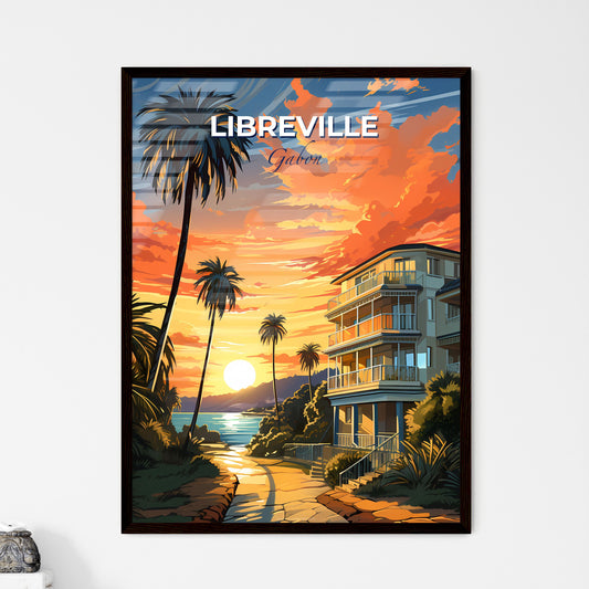 Vibrant Painting of Libreville, Gabon Skyline with Beachfront Building, Palm Trees, and Sunset Default Title