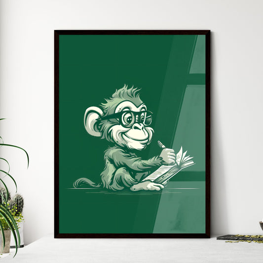 Little Ape T-Shirt Logo: Cartoon Monkey in Glasses Writing on Book, Gadgetpunk, Future Tech, Animated Gifs, Creepypasta, Text-Based, Green Background, Art Focus, New York School, Chromatic Default Title