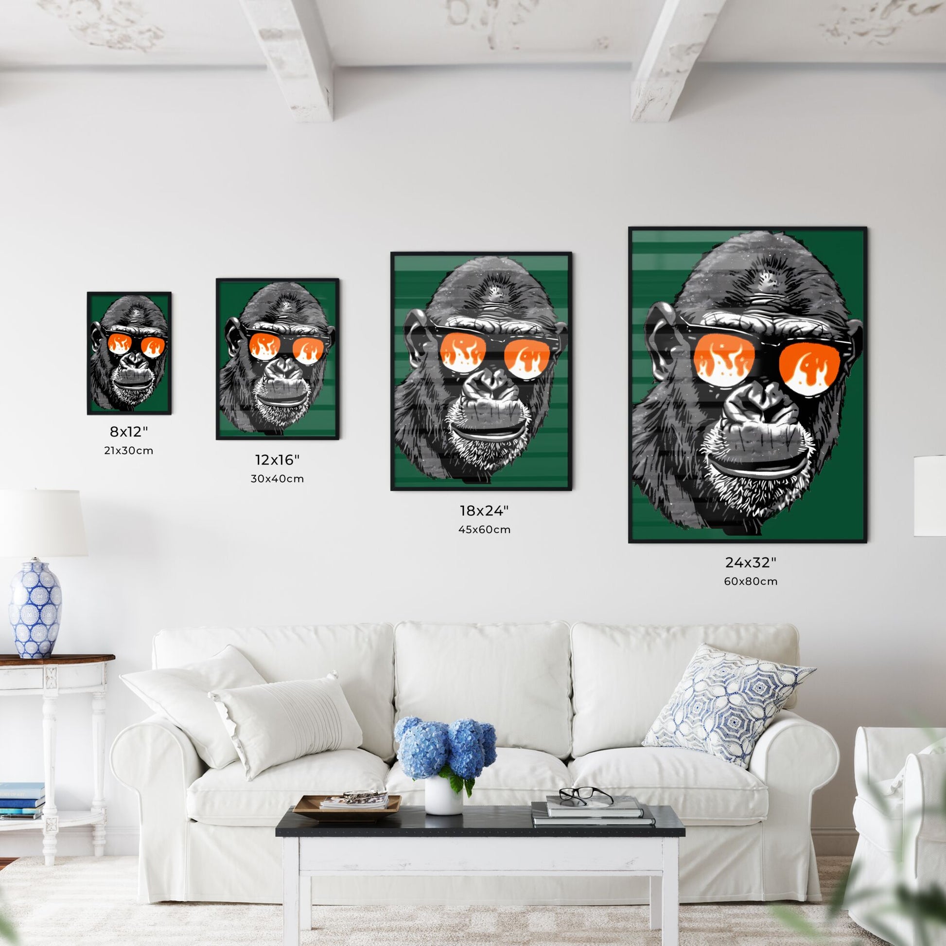 Ape T-Shirt Logo: Animated Chromatic Gorilla in Sunglasses with Flames in Gadgetpunk Style on Green Background Default Title