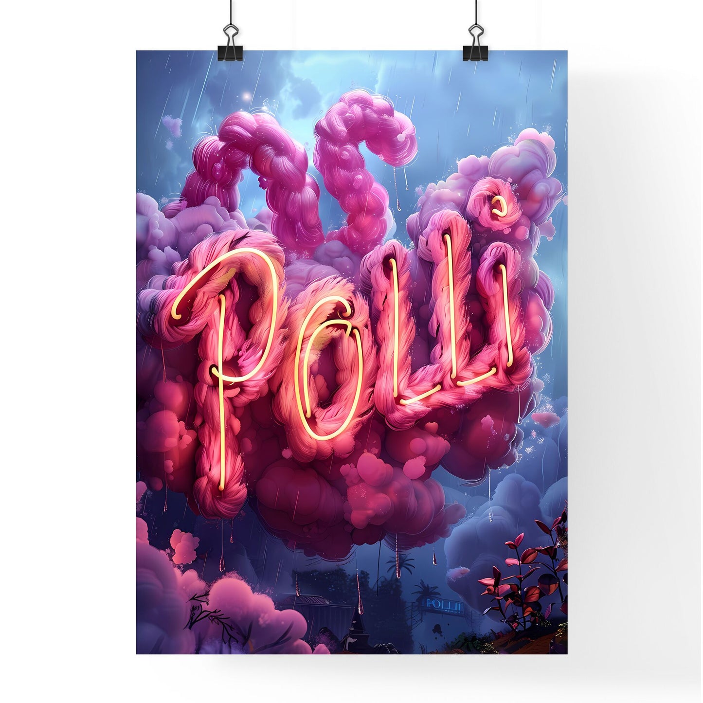 Vibrant Purple Neon Art: POLLI Fluffy Letters Logo Design on a Dynamic Background Default Title