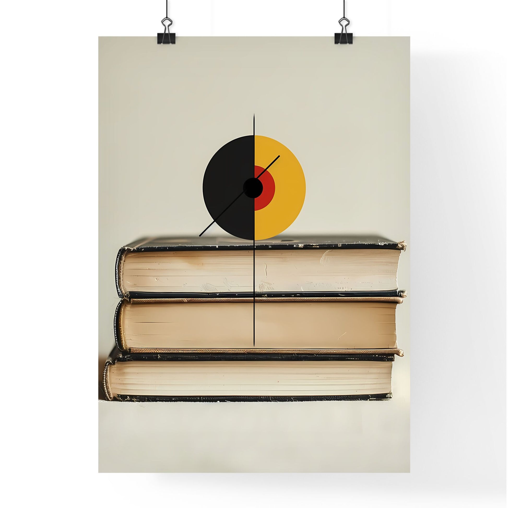 Minimalist Bauhaus Book Cover Art: Japanese-Style Stack of Books with Black and Yellow Circle Default Title