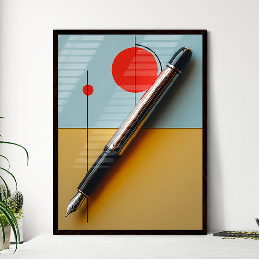 Minimalist Bauhaus Fountain Pen on Vibrant Blue and Yellow Background, Inspired by Japanese Book Covers, Modern Art Painting Default Title
