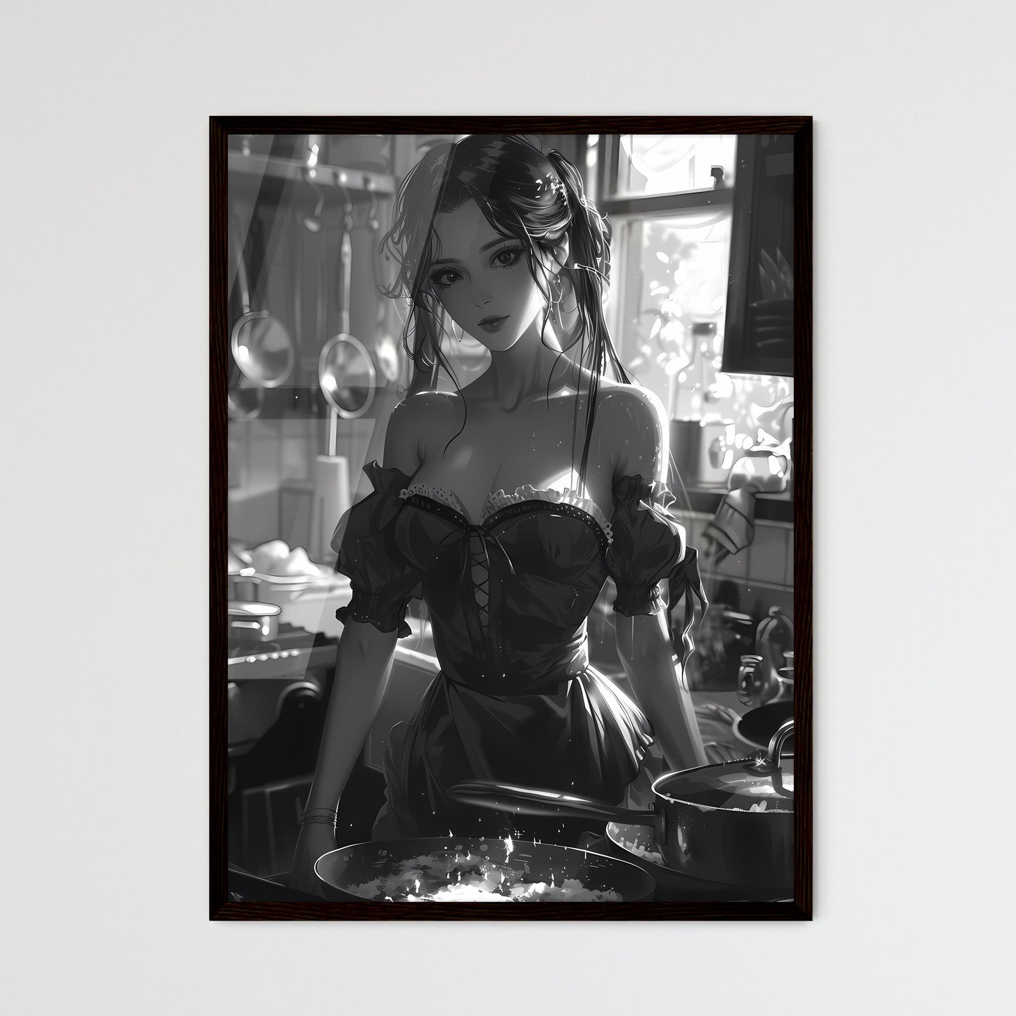 Stock Image: Kitchen Gothic White Gray Anime Art Print - Naive Woman Drawing Default Title