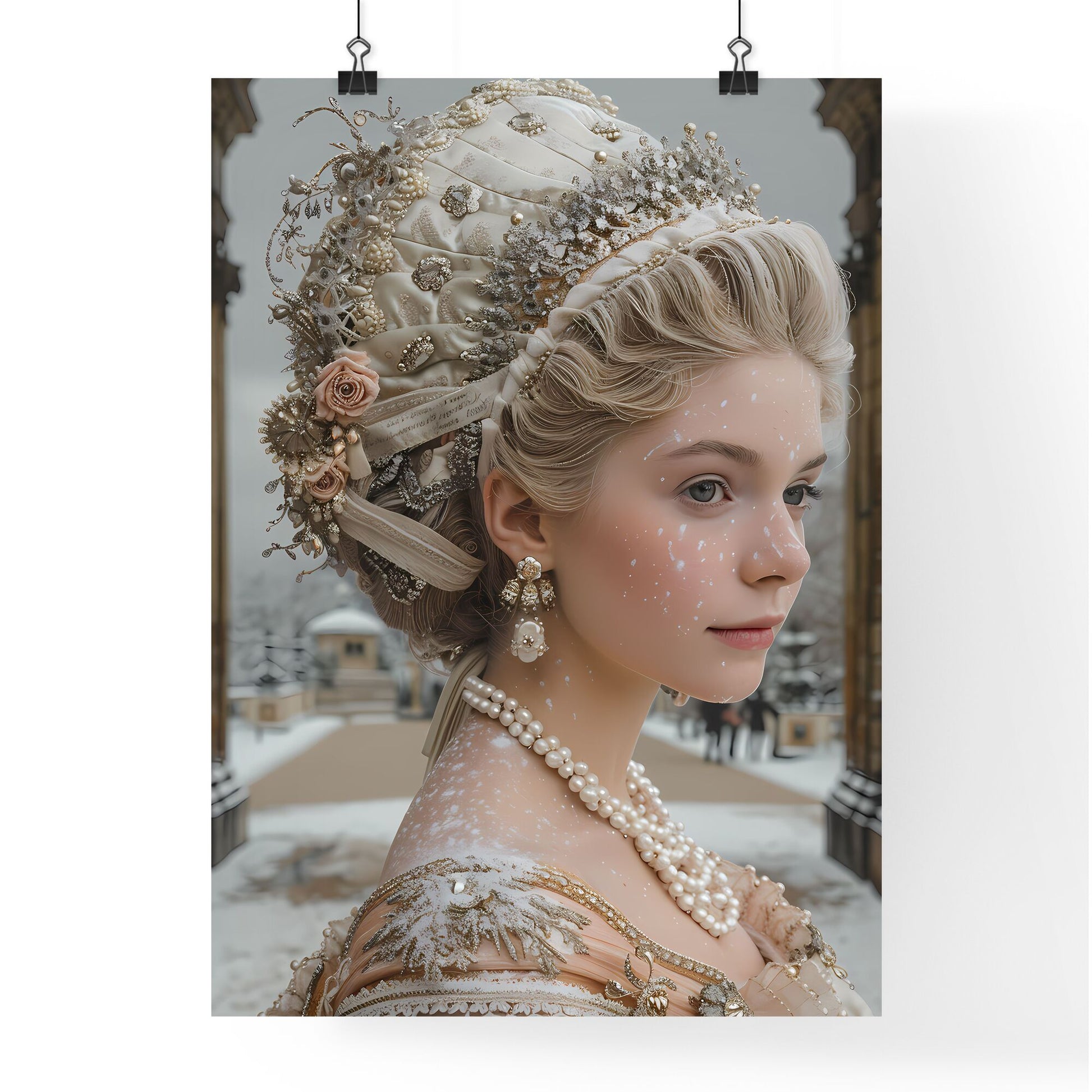 Majestic Melancholy: Marie Antoinette's Regal Sorrow in Versailles' Hall of Mirrors, Expressive Watercolor Painting, Textured Paper Artwork Default Title