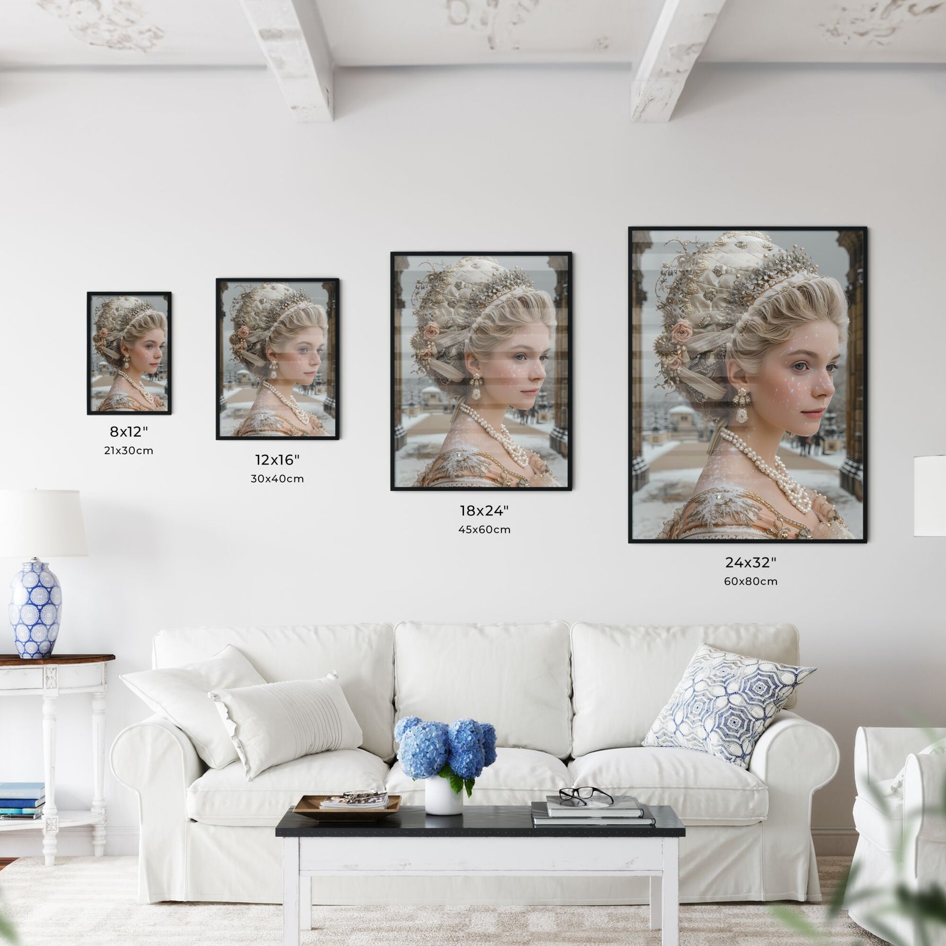 Majestic Melancholy: Marie Antoinette's Regal Sorrow in Versailles' Hall of Mirrors, Expressive Watercolor Painting, Textured Paper Artwork Default Title