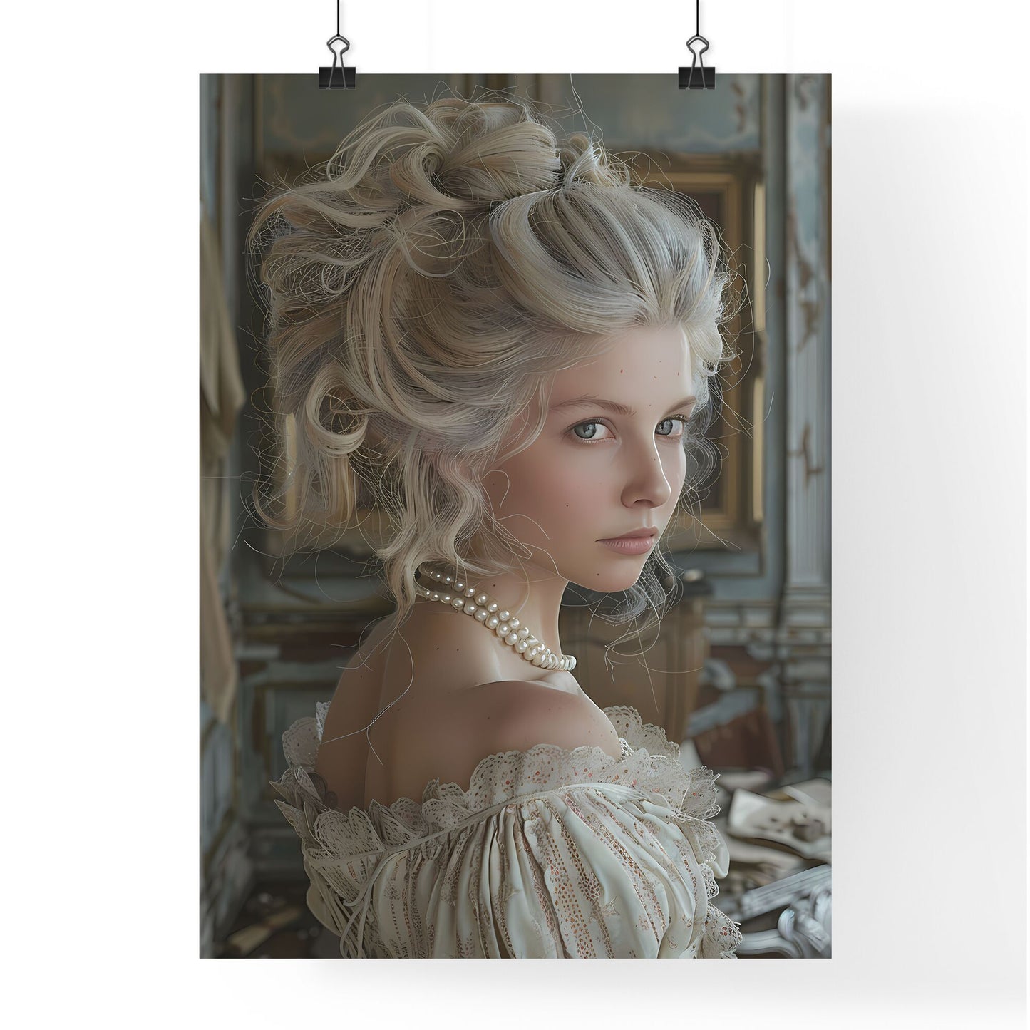 Melancholic Marie Antoinette in Versailles' Hall of Mirrors, Artfully Depicted in Watercolor Default Title