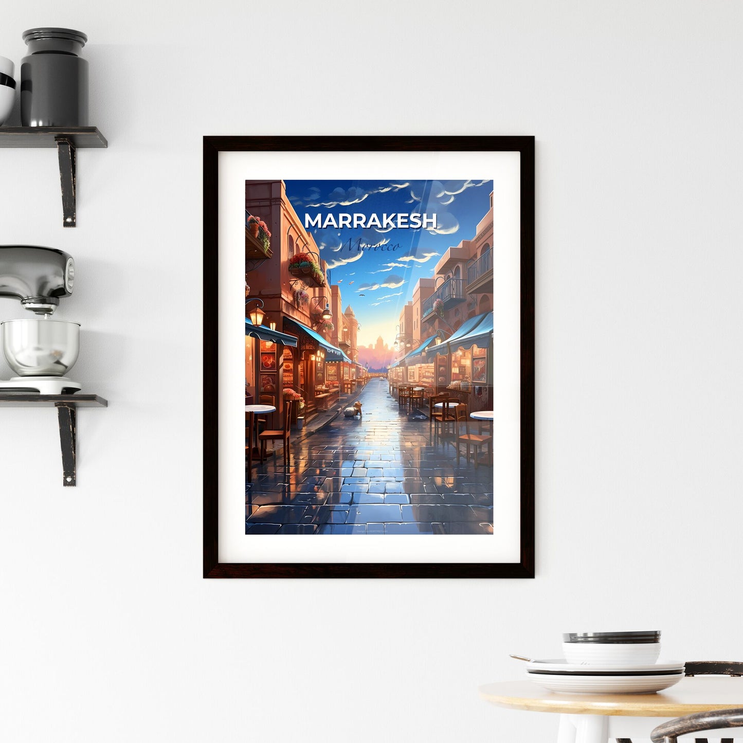 Artistic Marrakesh Skyline - Vibrant Painting with Street Scene and Outdoor Seating Default Title