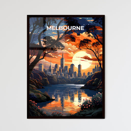 Vibrant Sunset Painting over River with City Skyline and Trees for Wall Art Decoration Default Title