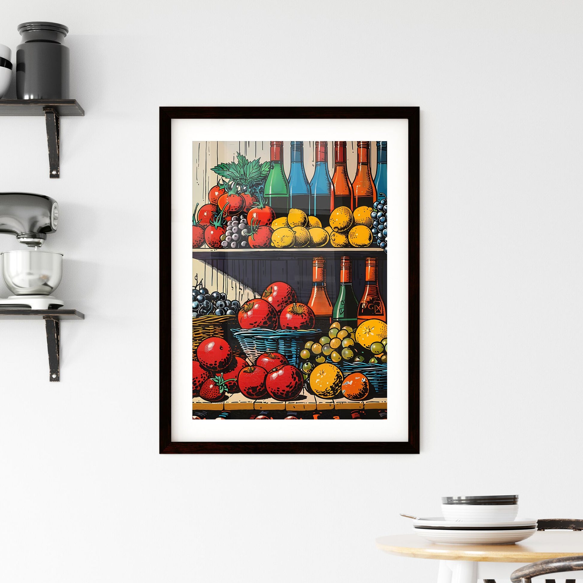 Minimalist Still Life Pop Art: Fruits and Veggies on a Shelf in a Bold and Ironic Consumerist Context Default Title