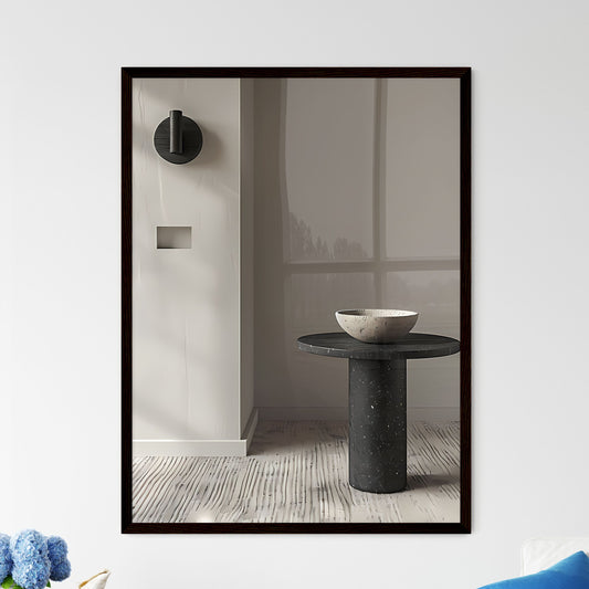 Hyper-Realistic Minimalist Side Table: Concrete Bowl, Wall Light, Gray Carpet, Painting Focal Point Default Title