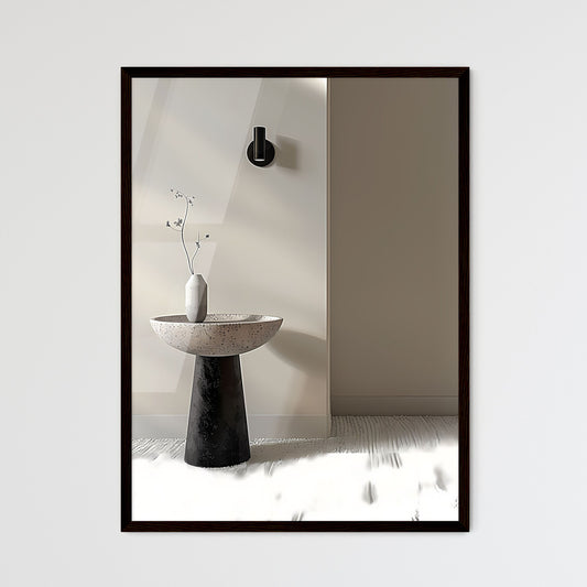 Minimalist Black and White Side Table with Concrete Bowl and Wall Light, Grey Carpet, Hyper Realistic Photography, Pedestal Vase with Vibrant Abstract Painting on Plain Background Default Title