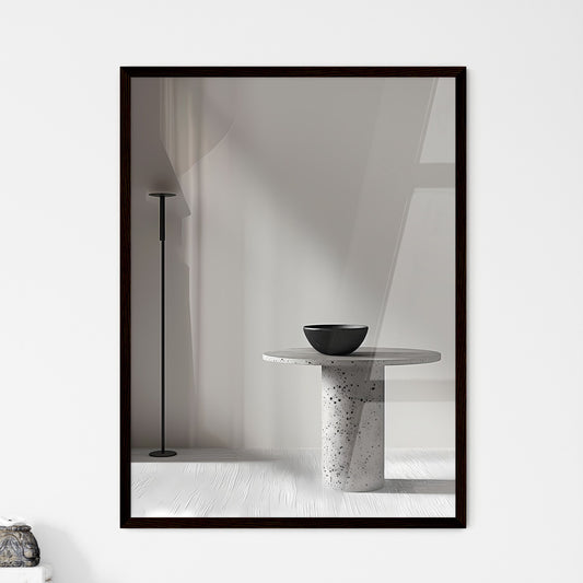 Modern minimalist interior design with black and white side table, concrete bowl, wall light, gray carpet, hyperrealistic photograph, black bowl, round table, vibrant painting, art focus Default Title