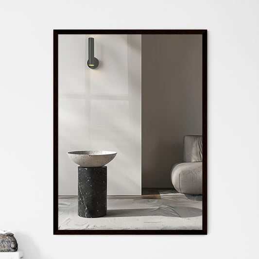 Minimalist black and white side table with concrete bowl and wall light on grey carpet floor, hyper realistic photography, abstract art painting, marble pedestal, round bowl art focus Default Title