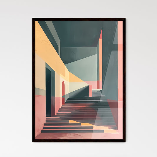 Abstract painting of a unique staircase architecture in a building with vibrant color accents and geometric patterns Default Title
