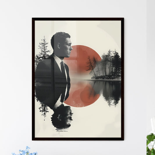 Modern art poster background with a man in a suit standing in water, surrounded by trees and a red circle, showcasing the vibrant and artistic elements of the painting. Default Title