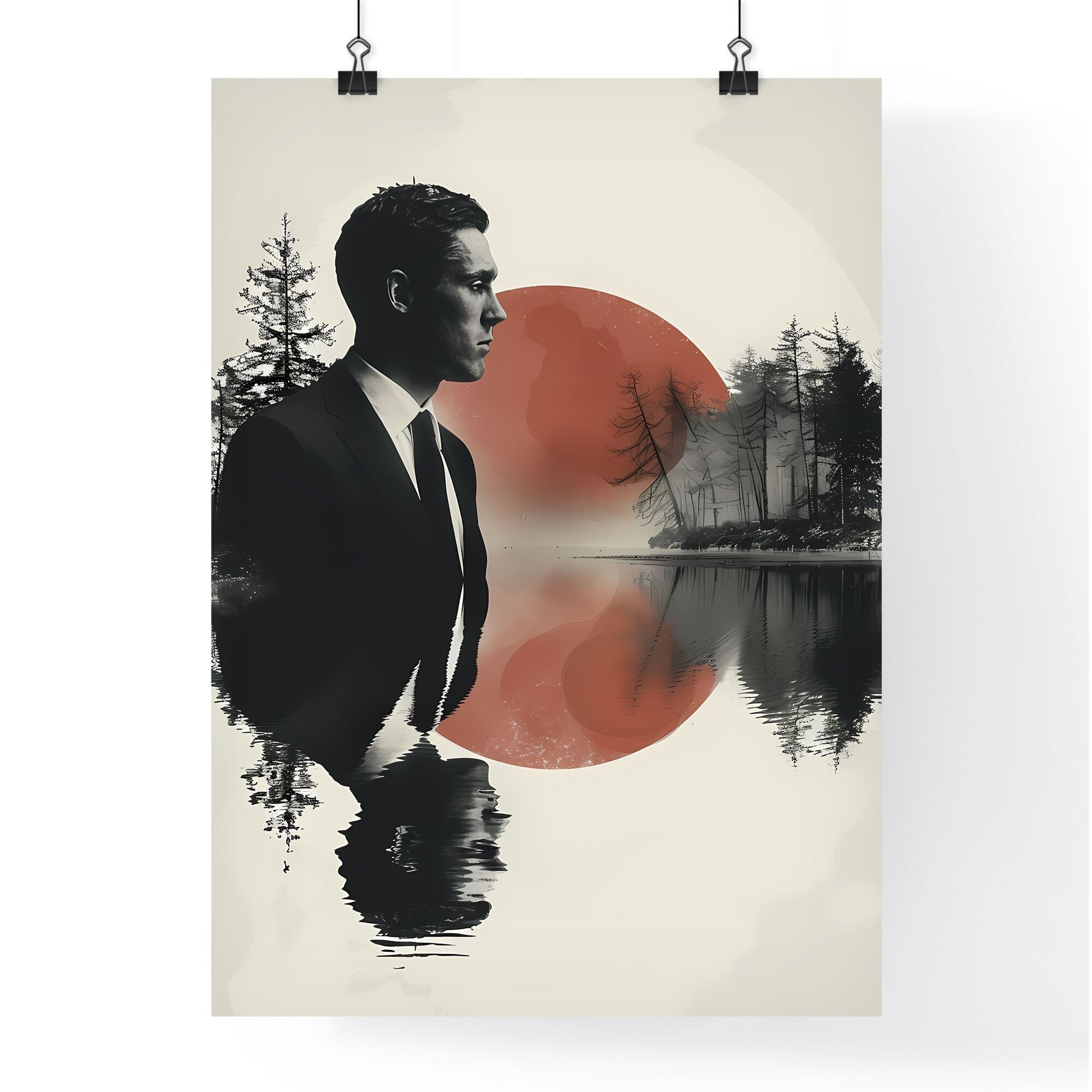 Modern art poster background with a man in a suit standing in water, surrounded by trees and a red circle, showcasing the vibrant and artistic elements of the painting. Default Title