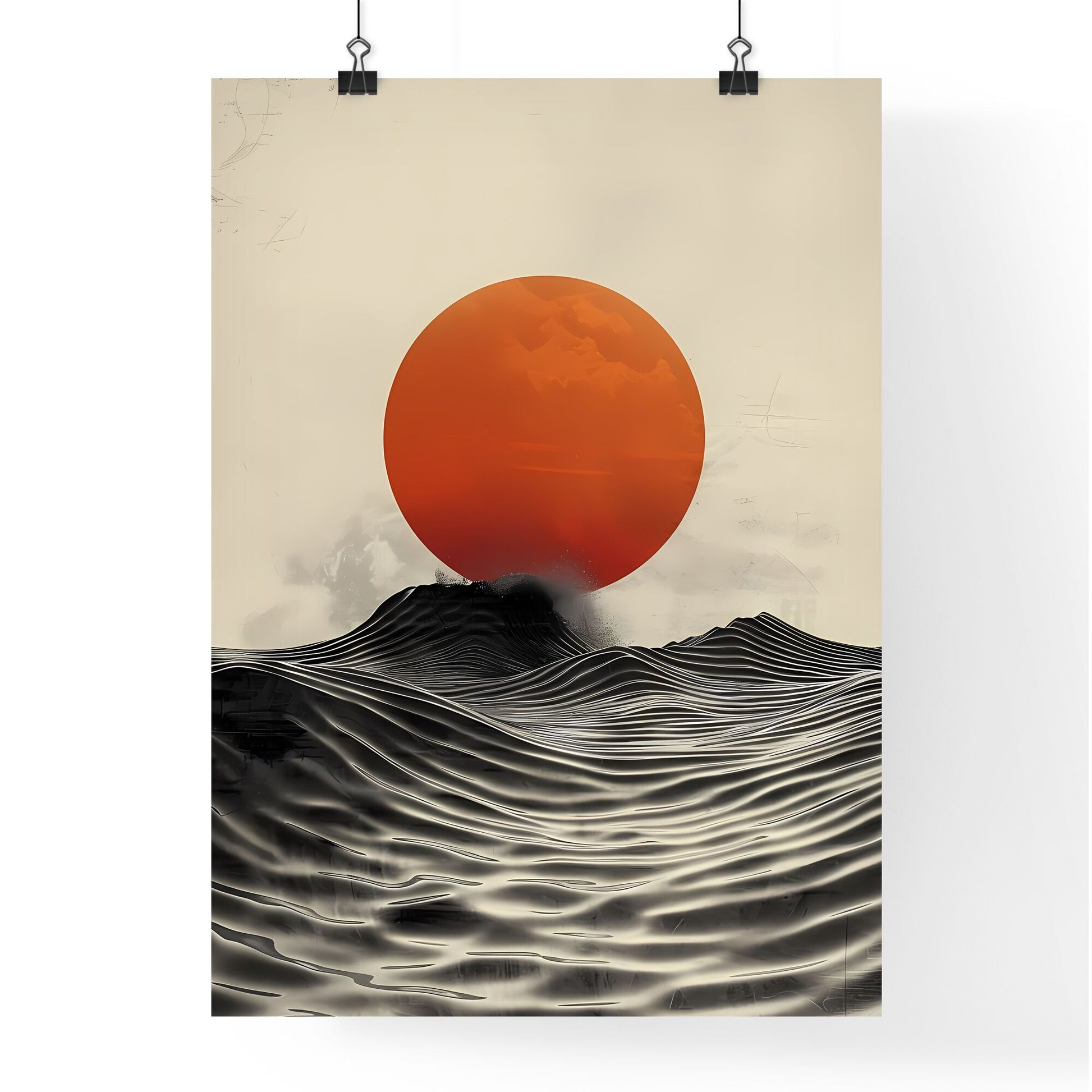 Abstract minimalist modern black and white sun over mountain line art print, orange circle, stripes, large margin Default Title
