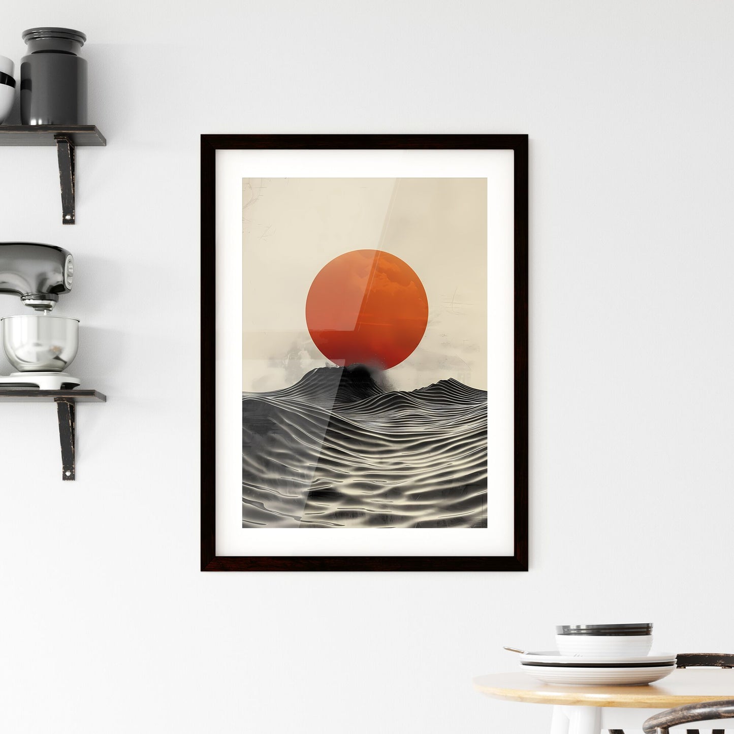 Abstract minimalist modern black and white sun over mountain line art print, orange circle, stripes, large margin Default Title