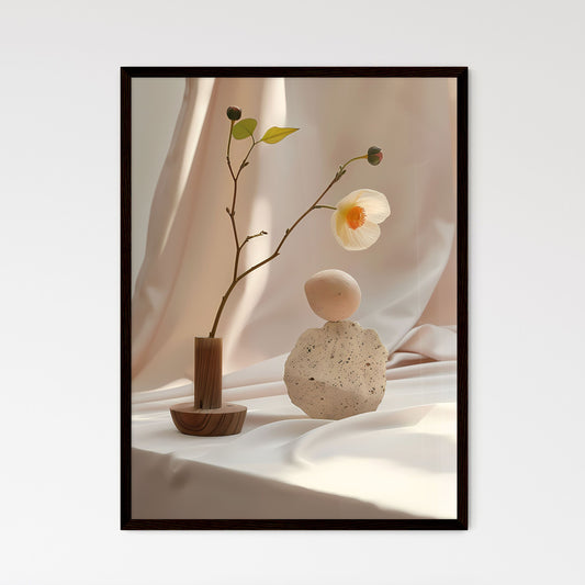 Minimalist Still Life Painting, Vibrant Hues Beige Yellow, Floral Art Decor, Single Flower with Leaves, White Background, Rock in Vase Default Title