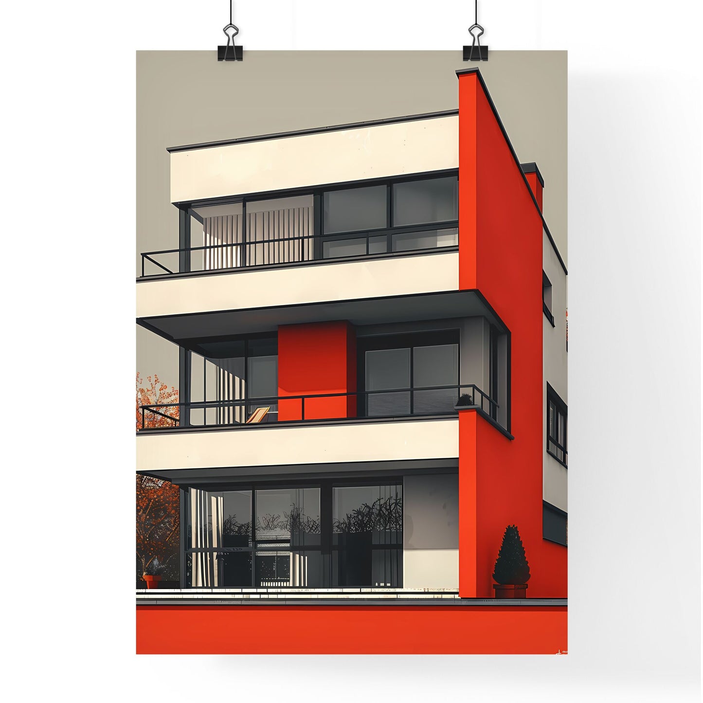 Vibrant Bauhaus-Style Building Painting: Flat Geometric Red and White Wall Art Default Title