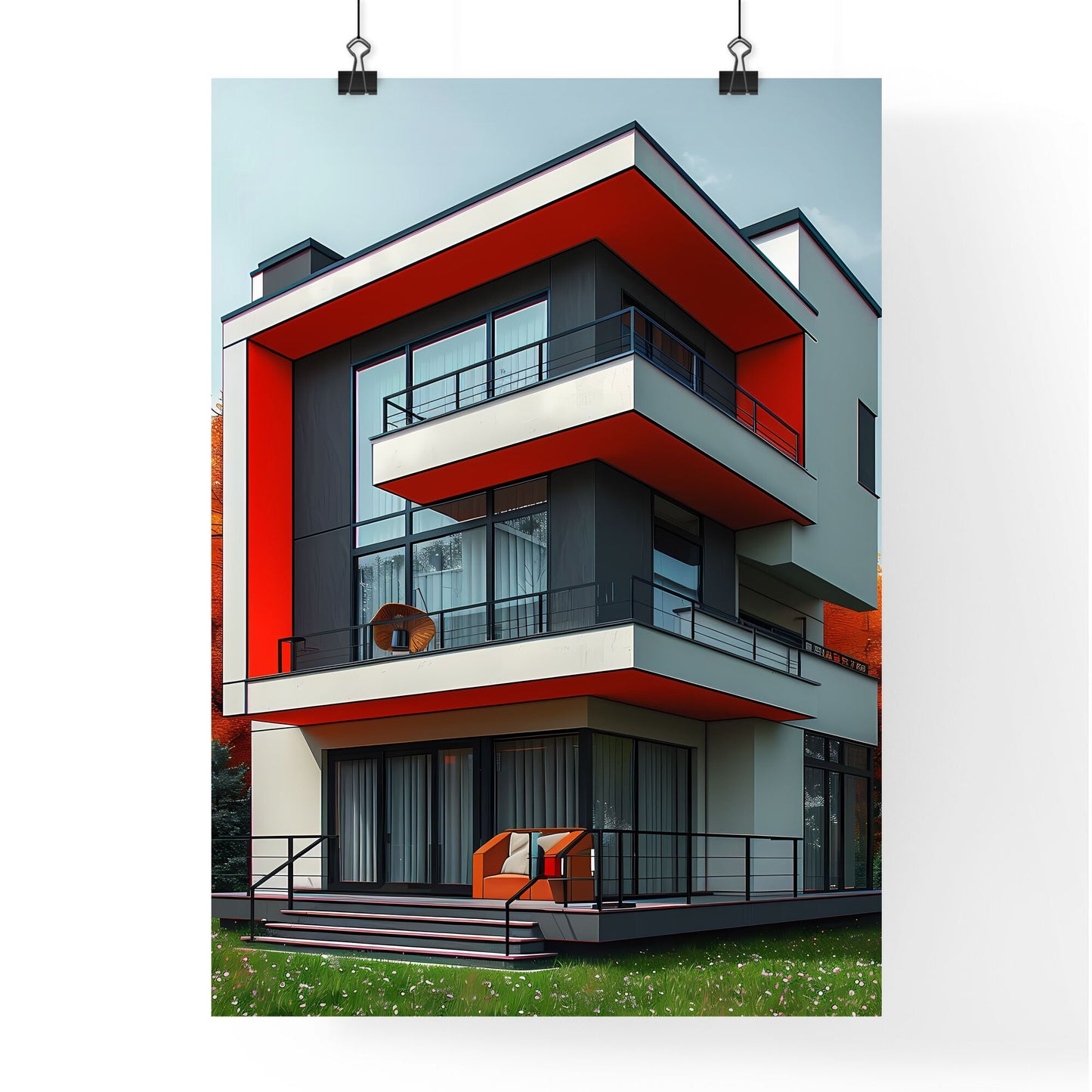 Bold Bauhaus Building Art: Vibrant, Colorful, Geometric, Flat, Architectural Poster, Minimalist, Modern, Trees Default Title