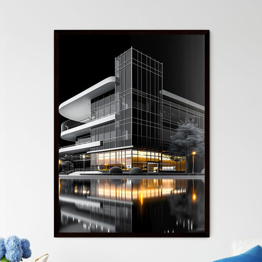 Black and White High School Architecture Design Icon, Building, Trees, Water, Vibrant Painting, Art Default Title