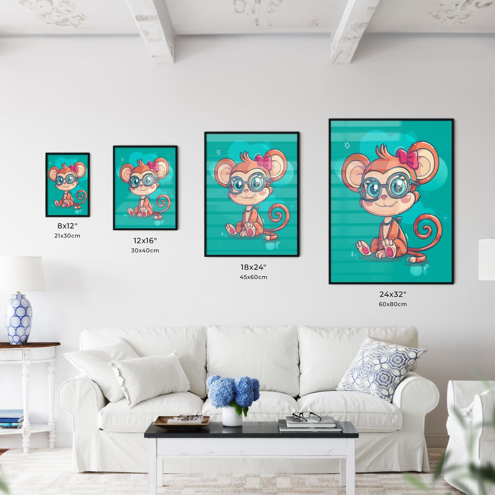 Colorful Kawaii Style Monkey Graphic: Vibrant Painting with Clear Outline and Cartoon Character Wearing Glasses and Bow Tie Default Title